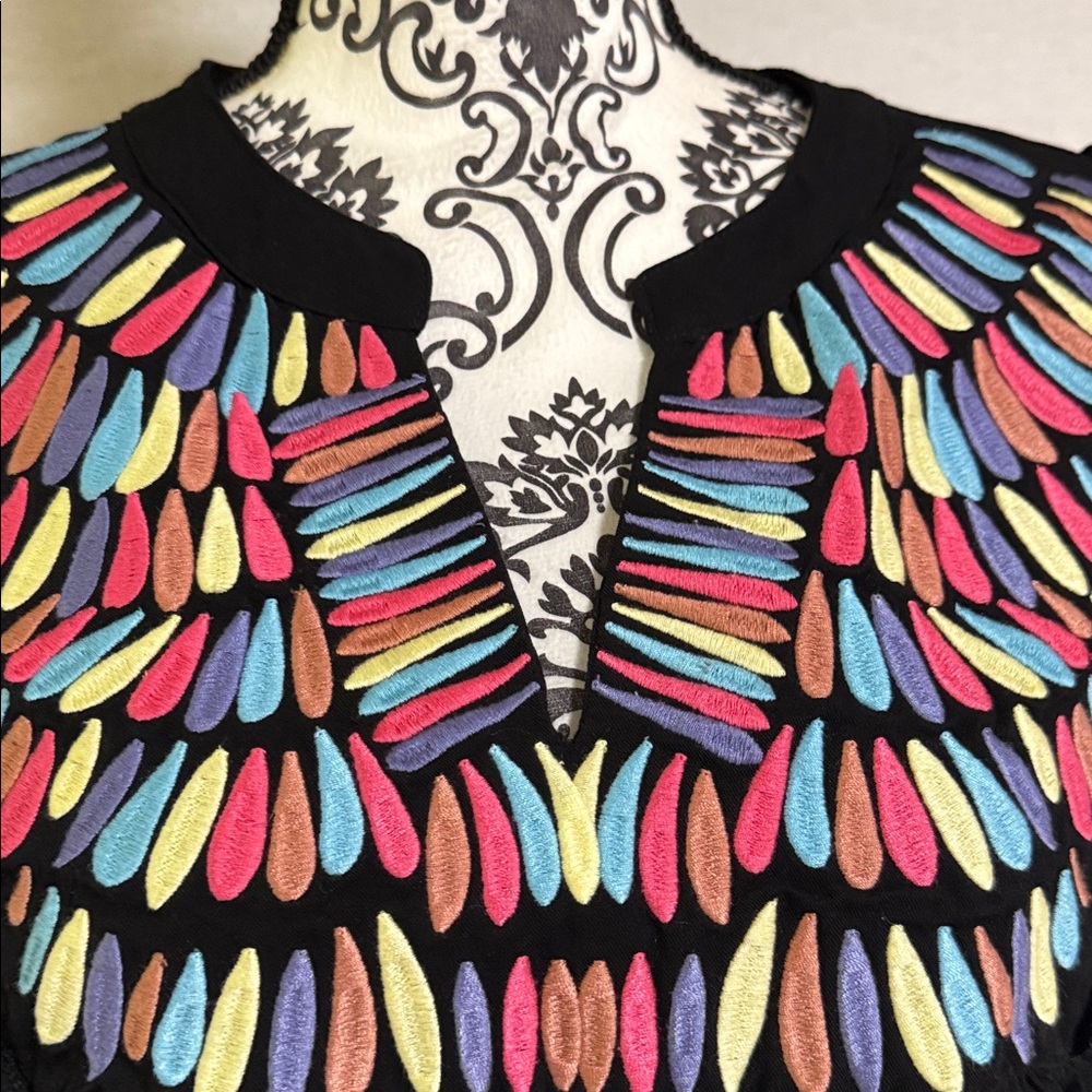 JODIFL Boho Chic V-Neck Embroidered Colorful Peasant Black Blouse Fun Modern 1X - Picture 2 of 12